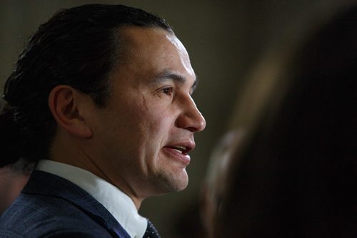 MIKE DEAL / WINNIPEG FREE PRESS
Manitoba NDP Leader Wab Kinew talks to reporters after Question Period in the Manitoba Legislative building Thursday afternoon.
190411 - Thursday, April 11, 2019.