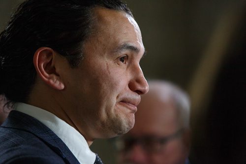 MIKE DEAL / WINNIPEG FREE PRESS
Manitoba NDP Leader Wab Kinew talks to reporters after Question Period in the Manitoba Legislative building Thursday afternoon.
190411 - Thursday, April 11, 2019.