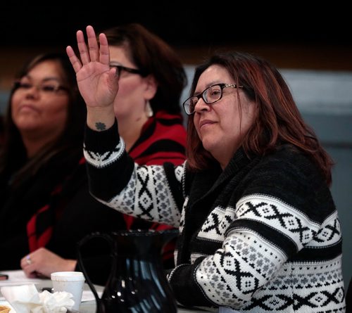 PHIL HOSSACK / WINNIPEG FREE PRESS - Panelist Connie Greyeyes acknowledges a crowd of nearly 100 who attended a panel discussion of "gender Impacts of Resources Development" at the Ukrainian Labour Temple Thursday afternoon. See story. - April 11, 2019.