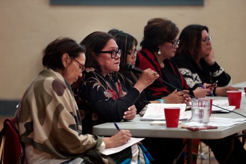 PHIL HOSSACK / WINNIPEG FREE PRESS - Panelist Louisa Constant (with Mic) addresses a crowd of nearly 100 who attended a discussion of "gender Impacts of Resources Development" at the Ukrainian Labour Temple Thursday afternoon. See story. - April 11, 2019.