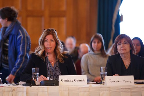 MIKE DEAL / WINNIPEG FREE PRESS
(l-r) Grainnne Grande and Jennifer Moroz, Legal Counsel for Manitoba Hydro during the Bill C-69 Senate hearing at the Fort Garry Hotel Friday morning.
190412 - Friday, April 12, 2019.