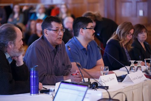 MIKE DEAL / WINNIPEG FREE PRESS
Elder David Scott (centre) from Swan Lake First Nations answers questions as part of a group representing negatively impacted communities during the Bill C-69 Senate hearing at the Fort Garry Hotel Friday morning.
190412 - Friday, April 12, 2019.