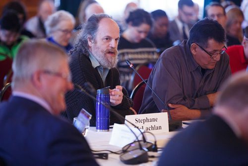 MIKE DEAL / WINNIPEG FREE PRESS
Dr. Stephane McLachlan a professor at the University of Manitoba in the Department of Environment and Geography answers questions as part of a group representing negatively impacted communities during the Bill C-69 Senate hearing at the Fort Garry Hotel Friday morning.
190412 - Friday, April 12, 2019.