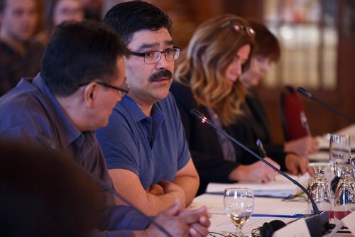 MIKE DEAL / WINNIPEG FREE PRESS
Leslie Dysart (centre), the CEO of the Community Association of South Indian Lake answers questions as part of a group representing negatively impacted communities during the Bill C-69 Senate hearing at the Fort Garry Hotel Friday morning.
190412 - Friday, April 12, 2019.
