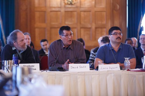 MIKE DEAL / WINNIPEG FREE PRESS
Elder David Scott (centre) from Swan Lake First Nations answers questions as part of a group representing negatively impacted communities during the Bill C-69 Senate hearing at the Fort Garry Hotel Friday morning.
190412 - Friday, April 12, 2019.