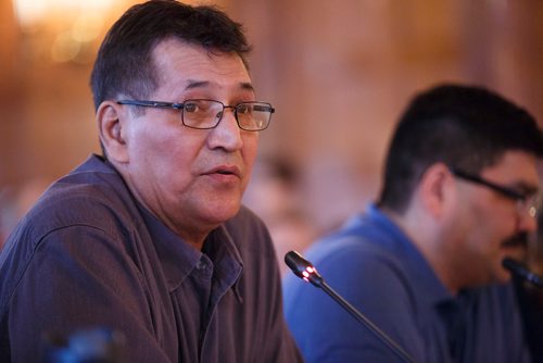 MIKE DEAL / WINNIPEG FREE PRESS
Elder David Scott from Swan Lake First Nations answers questions as part of a group representing negatively impacted communities during the Bill C-69 Senate hearing at the Fort Garry Hotel Friday morning.
190412 - Friday, April 12, 2019.