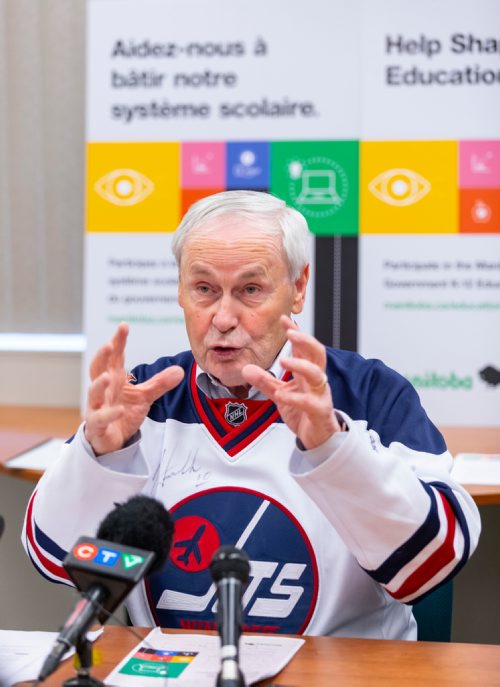 SASHA SEFTER / WINNIPEG FREE PRESS
Clayton Manness, Co-chair of a commission tasked with reviewing Manitoba's public school system releases a discussion paper and public meeting schedule while wearing an autographed Dale Hawerchuk jersey.
190412 - Friday, April 12, 2019.