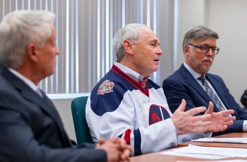 SASHA SEFTER / WINNIPEG FREE PRESS
Clayton Manness, Co-chair of a commission tasked with reviewing Manitoba's public school system releases a discussion paper and public meeting schedule while wearing an autographed Dale Hawerchuk jersey.
190412 - Friday, April 12, 2019.