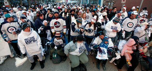 PHIL HOSSACK / WINNIPEG FREE PRESS - WHITE OUT PARTY-  Fans fill Donald street Friday. See Alex Paul's story. - April 12, 2019.