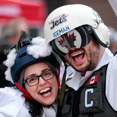 PHIL HOSSACK / WINNIPEG FREE PRESS - WHITE OUT PARTY- Todd Zedebiak and Patty Pougas party on Donald Street Friday. See Alex Paul's story. - April 12, 2019.