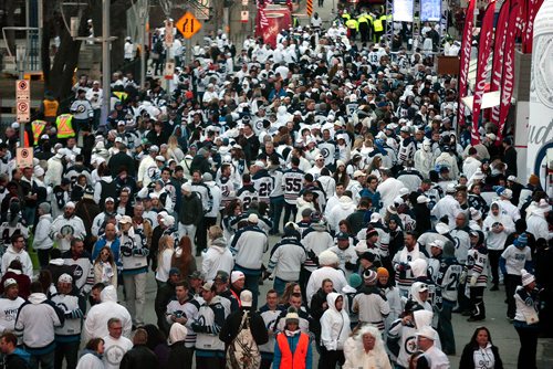 PHIL HOSSACK / WINNIPEG FREE PRESS - WHITE OUT PARTY- Fans fill Donald street Friday. See Alex Paul's story. - April 12, 2019.