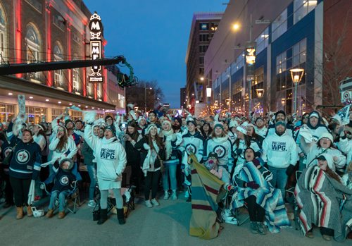 SASHA SEFTER / WINNIPEG FREE PRESS
Winnipeg Jets fans gear up for the puck drop during last nights Whiteout street party. 
190412 - Friday, April 12, 2019.