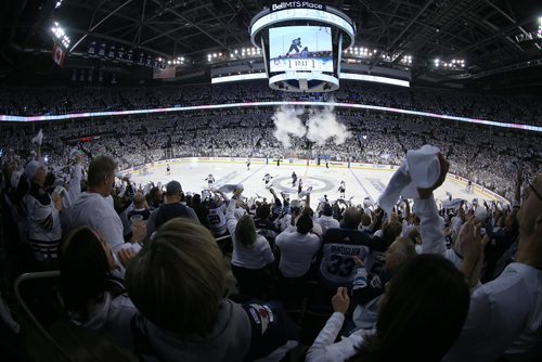 TREVOR HAGAN / WINNIPEG FREE PRESS
Winnipeg Jets' fans celebrate Patrik Laine (29) scored against the St. Louis Blues' during period 2 of game 2 of their first round playoff series, Friday, April 12, 2019.