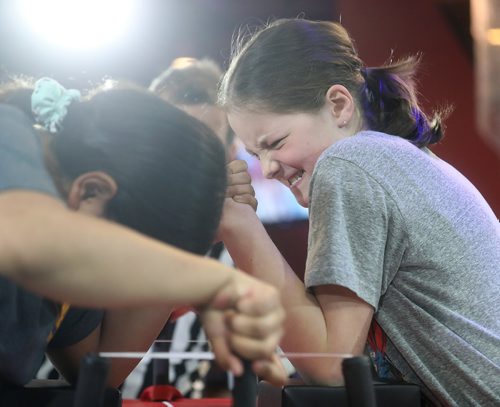 TREVOR HAGAN / WINNIPEG FREE PRESS
Reagan Meeches, left, versus Jordan Espey for the age 9-10 left arm bracket winner at the Manitoba Provincial Arm Wrestling Championships at Canad Inns Polo Park, Saturday, April 13, 2019. Jordan would go on to win the category in front of referee Ward Drake.