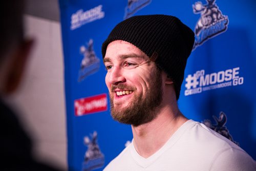 MIKAELA MACKENZIE / WINNIPEG FREE PRESS
Logan Shaw speaks at the Moose's last media day at the Bell MTS Iceplex in Winnipeg on Monday, April 15, 2019. 
Winnipeg Free Press 2019.