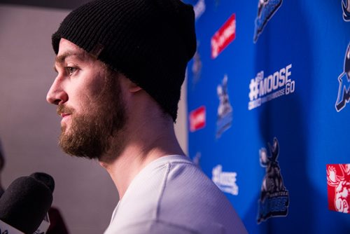 MIKAELA MACKENZIE / WINNIPEG FREE PRESS
Logan Shaw speaks at the Moose's last media day at the Bell MTS Iceplex in Winnipeg on Monday, April 15, 2019. 
Winnipeg Free Press 2019.