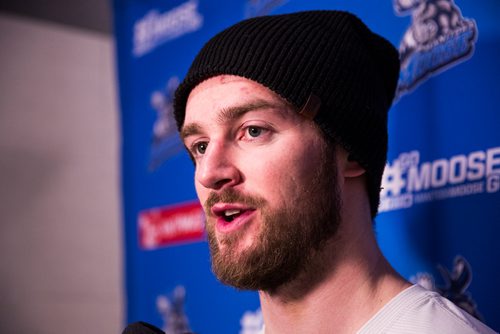 MIKAELA MACKENZIE / WINNIPEG FREE PRESS
Logan Shaw speaks at the Moose's last media day at the Bell MTS Iceplex in Winnipeg on Monday, April 15, 2019. 
Winnipeg Free Press 2019.