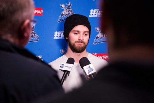 MIKAELA MACKENZIE / WINNIPEG FREE PRESS
Logan Shaw speaks at the Moose's last media day at the Bell MTS Iceplex in Winnipeg on Monday, April 15, 2019. 
Winnipeg Free Press 2019.