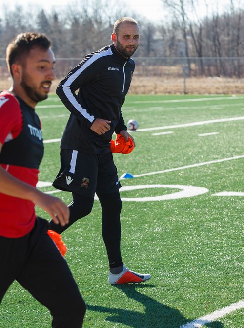 MIKE DEAL / WINNIPEG FREE PRESS
Valour FC Stephen Hoyle during practice on Murray Field at Dakota Collegiate Tuesday morning.
190416 - Tuesday, April 16, 2019.