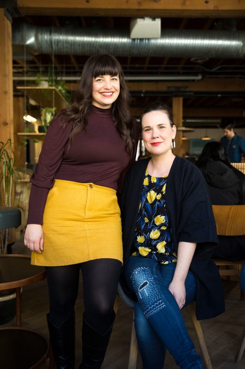 MIKAELA MACKENZIE/WINNIPEG FREE PRESS
Elise Epp (left) and Katherine Magne, co-organizers of the Winnipeg Fashion Revolution Week, pose for a portrait wearing hand-sewn and sustainable clothing in Winnipeg on Tuesday, April 16, 2019. 
Winnipeg Free Press 2019