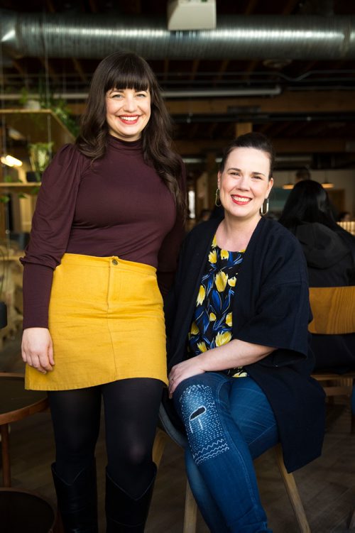 MIKAELA MACKENZIE/WINNIPEG FREE PRESS
Elise Epp (left) and Katherine Magne, co-organizers of the Winnipeg Fashion Revolution Week, pose for a portrait wearing hand-sewn and sustainable clothing in Winnipeg on Tuesday, April 16, 2019. 
Winnipeg Free Press 2019