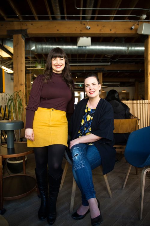 MIKAELA MACKENZIE/WINNIPEG FREE PRESS
Elise Epp (left) and Katherine Magne, co-organizers of the Winnipeg Fashion Revolution Week, pose for a portrait wearing hand-sewn and sustainable clothing in Winnipeg on Tuesday, April 16, 2019. 
Winnipeg Free Press 2019