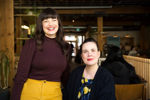 MIKAELA MACKENZIE/WINNIPEG FREE PRESS
Elise Epp (left) and Katherine Magne, co-organizers of the Winnipeg Fashion Revolution Week, pose for a portrait wearing hand-sewn and sustainable clothing in Winnipeg on Tuesday, April 16, 2019. 
Winnipeg Free Press 2019