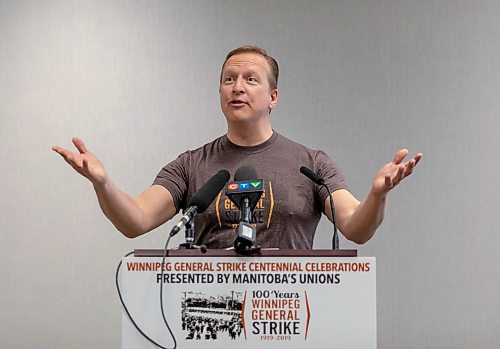 SASHA SEFTER / WINNIPEG FREE PRESS
Manitoba Federation of Labour and Co-chair of the 1919 Winnipeg General Strike Centennial Committee Kevin Rebeck unveiling some of the lineups for this years celebrations in downtown Winnipeg.
190416 - Tuesday, April 16, 2019.