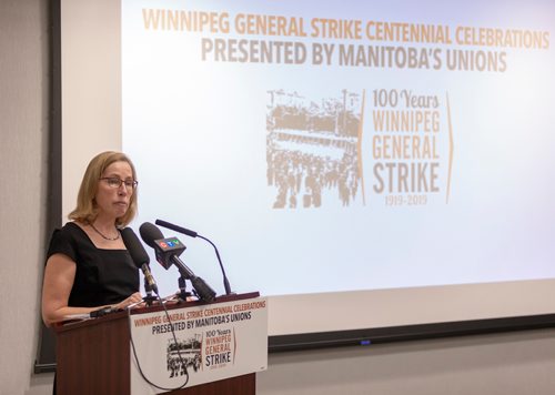 SASHA SEFTER / WINNIPEG FREE PRESS
Co-chair of the 1919 Winnipeg General Strike Centennial Committee Sharon Reilly unveiling some of the lineups for this years celebrations.
190416 - Tuesday, April 16, 2019.