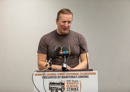 SASHA SEFTER / WINNIPEG FREE PRESS
Manitoba Federation of Labour and Co-chair of the 1919 Winnipeg General Strike Centennial Committee Kevin Rebeck unveiling some of the lineups for this years celebrations in downtown Winnipeg.
190416 - Tuesday, April 16, 2019.