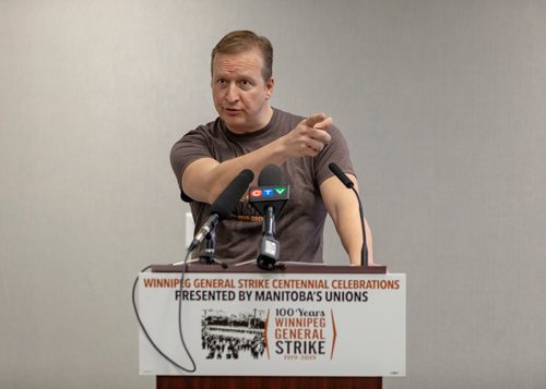 SASHA SEFTER / WINNIPEG FREE PRESS
Manitoba Federation of Labour and Co-chair of the 1919 Winnipeg General Strike Centennial Committee Kevin Rebeck unveiling some of the lineups for this years celebrations in downtown Winnipeg.
190416 - Tuesday, April 16, 2019.