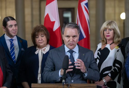 SASHA SEFTER / WINNIPEG FREE PRESS
The Honourable Cameron Friesen, Minister of Health, Seniors and Active Living for the Province of Manitoba announces a bilateral agreement at the Manitoba Legislative Building. Behind Friesen is (l-r) MP  Robert-Falcon Ouellette, MP MaryAnn Mihychuk, and Cathy Cox, provincial minister of sport, culture and heritage.
190416 - Tuesday, April 16, 2019.