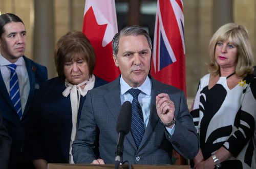 SASHA SEFTER / WINNIPEG FREE PRESS
The Honourable Cameron Friesen, Minister of Health, Seniors and Active Living for the Province of Manitoba announces a bilateral agreement at the Manitoba Legislative Building. Behind Friesen is (l-r) MP  Robert-Falcon Ouellette, MP MaryAnn Mihychuk, and Cathy Cox, provincial minister of sport, culture and heritage.
190416 - Tuesday, April 16, 2019.