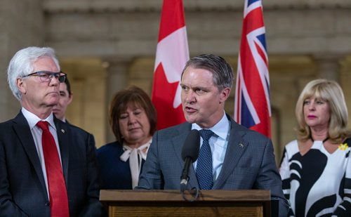 SASHA SEFTER / WINNIPEG FREE PRESS
The Honourable Cameron Friesen, Minister of Health, Seniors and Active Living for the Province of Manitoba announces a bilateral agreement at the Manitoba Legislative Building. Behind Friesen is (l-r) Jim Carr, federal minister of international trade diversification, MP  Robert-Falcon Ouellette, MP MaryAnn Mihychuk, and Cathy Cox, provincial minister of sport, culture and heritage.
190416 - Tuesday, April 16, 2019.