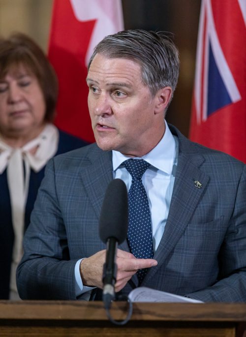 SASHA SEFTER / WINNIPEG FREE PRESS
The Honourable Cameron Friesen, Minister of Health, Seniors and Active Living for the Province of Manitoba announces a bilateral agreement at the Manitoba Legislative Building. Behind Friesen is MP MaryAnn Mihychuk.
190416 - Tuesday, April 16, 2019.