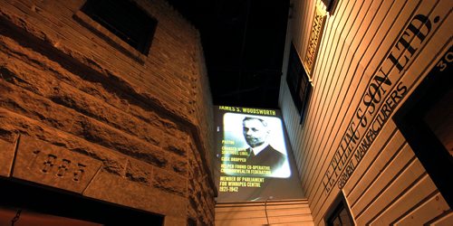 PHIL HOSSACK / WINNIPEG FREE PRESS - Storefront with a projection of participants in the General Strike display at the Manitoba Museum. This one of James Woodsworth who became a MLA. Jessica B's story. - April16, 2019.