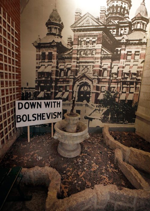 PHIL HOSSACK / WINNIPEG FREE PRESS - Picket sign in the replica City Hall garden in the General Strike display at the Manitoba Museum. Jessica B's story. - April16, 2019.
