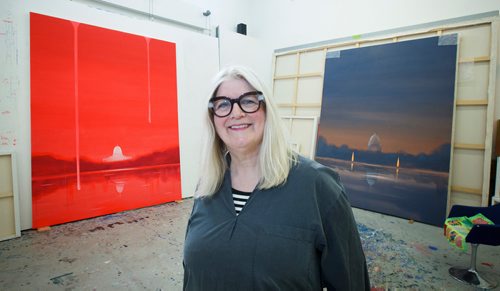 MIKE DEAL / WINNIPEG FREE PRESS
Artist Wanda Koop in her Winnipeg Studio with (l-r) 'Capitol' from the Dreamline series which will be in the Dallas Museum of Art as part of a solo show in October of 2019 and Capitol from her solo show Standing Withstanding that was at Arsenal Contemporary in New York City from May 1 - July 1 in 2018.
190416 - Tuesday, April 16, 2019.