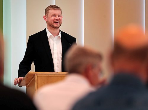 PHIL HOSSACK / WINNIPEG FREE PRESS - Daniel Blakie speaks to WLC members attend the first monthly meeting of the Winnipeg Labour Council since president Basia Sokal's well-publicized resignation is at 6 p.m. at Union Centre on Broadway - April16, 2019.