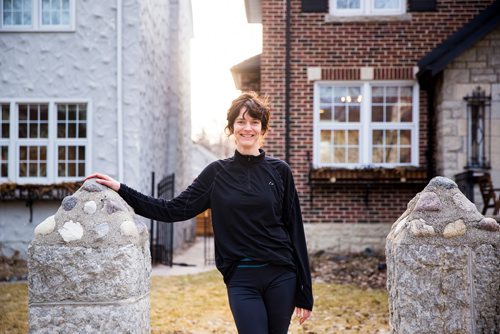 MIKAELA MACKENZIE/WINNIPEG FREE PRESS
Avid runner Sylvia Buchholz poses for a portrait before running to work in Winnipeg on Wednesday, April 17, 2019. 
Winnipeg Free Press 2019