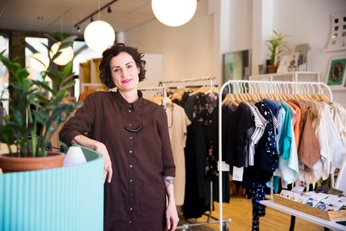 MIKAELA MACKENZIE/WINNIPEG FREE PRESS
Jillian Zdunich, owner of Shop Take Care, poses for a portrait in her sustainable fashion boutique in Winnipeg on Wednesday, April 17, 2019. 
Winnipeg Free Press 2019