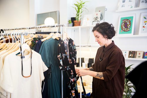 MIKAELA MACKENZIE/WINNIPEG FREE PRESS
Jillian Zdunich, owner of Shop Take Care, poses for a portrait in her sustainable fashion boutique in Winnipeg on Wednesday, April 17, 2019. 
Winnipeg Free Press 2019