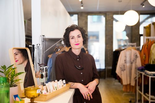 MIKAELA MACKENZIE/WINNIPEG FREE PRESS
Jillian Zdunich, owner of Shop Take Care, poses for a portrait in her sustainable fashion boutique in Winnipeg on Wednesday, April 17, 2019. 
Winnipeg Free Press 2019