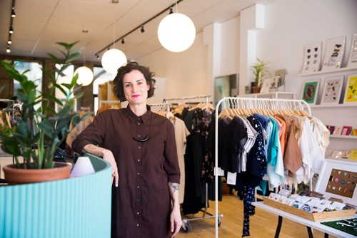 MIKAELA MACKENZIE/WINNIPEG FREE PRESS
Jillian Zdunich, owner of Shop Take Care, poses for a portrait in her sustainable fashion boutique in Winnipeg on Wednesday, April 17, 2019. 
Winnipeg Free Press 2019