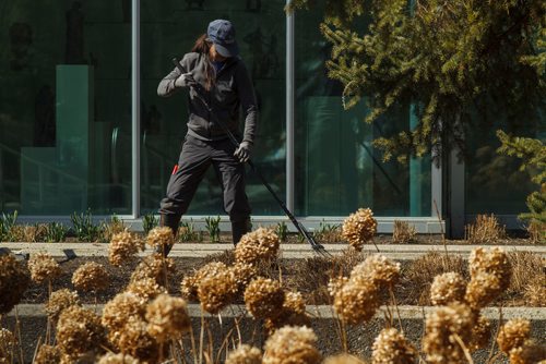MIKE DEAL / WINNIPEG FREE PRESS
Teresa Gerbasi a gardener with the Assiniboine Park Conservancy clears away debris during a spring cleanup in the Leo Mol Sculpture Gardens.
190417 - Wednesday, April 17, 2019.