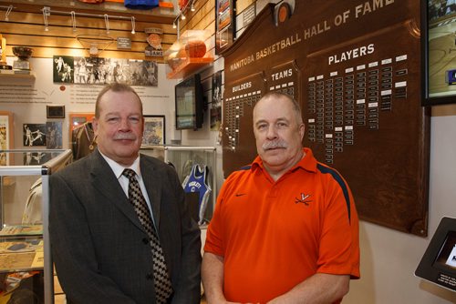 MIKE DEAL / WINNIPEG FREE PRESS
Brothers Neil (right) and Bob Thomson (left) were on hand to celebrate their mother, Isabel Thomson, being inducted into the Manitoba Basketball Hall of Fame Wednesday afternoon at the MBHF Museum in the Duckworth Centre at the University of Winnipeg.
190417 - Wednesday, April 17, 2019.