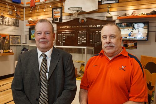 MIKE DEAL / WINNIPEG FREE PRESS
Brothers Neil (right) and Bob Thomson (left) were on hand to celebrate their mother, Isabel Thomson, being inducted into the Manitoba Basketball Hall of Fame Wednesday afternoon at the MBHF Museum in the Duckworth Centre at the University of Winnipeg.
190417 - Wednesday, April 17, 2019.