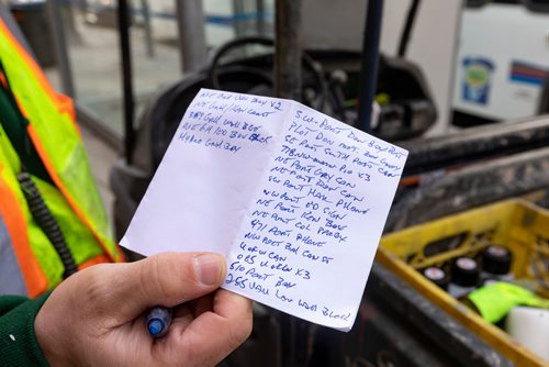 SASHA SEFTER / WINNIPEG FREE PRESS
Graffiti removal worker James Turner of Downtown BIZ's Enviro Team keeps track of all the graffiti he paints over or removes in downtown Winnipeg daily, this is his list as of 10am. See Declan Schroeder story.
190417 - Wednesday, April 17, 2019.