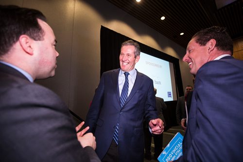 MIKAELA MACKENZIE/WINNIPEG FREE PRESS
Premier Brian Pallister mingles after speaking at a Chamber of Commerce event at the RBC Convention Centre in Winnipeg on Thursday, April 18, 2019. 
Winnipeg Free Press 2019