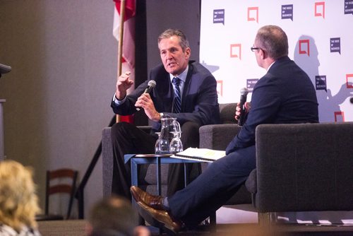 MIKAELA MACKENZIE/WINNIPEG FREE PRESS
Premier Brian Pallister has a discussion with Manitoba Chambers of Commerce President and CEO Chuck Davidson at a Chamber of Commerce event at the RBC Convention Centre in Winnipeg on Thursday, April 18, 2019. 
Winnipeg Free Press 2019
